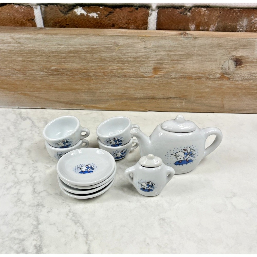 Vintage Miniature Porcelain Tea Set with Blue Goose Motif - Four Settings